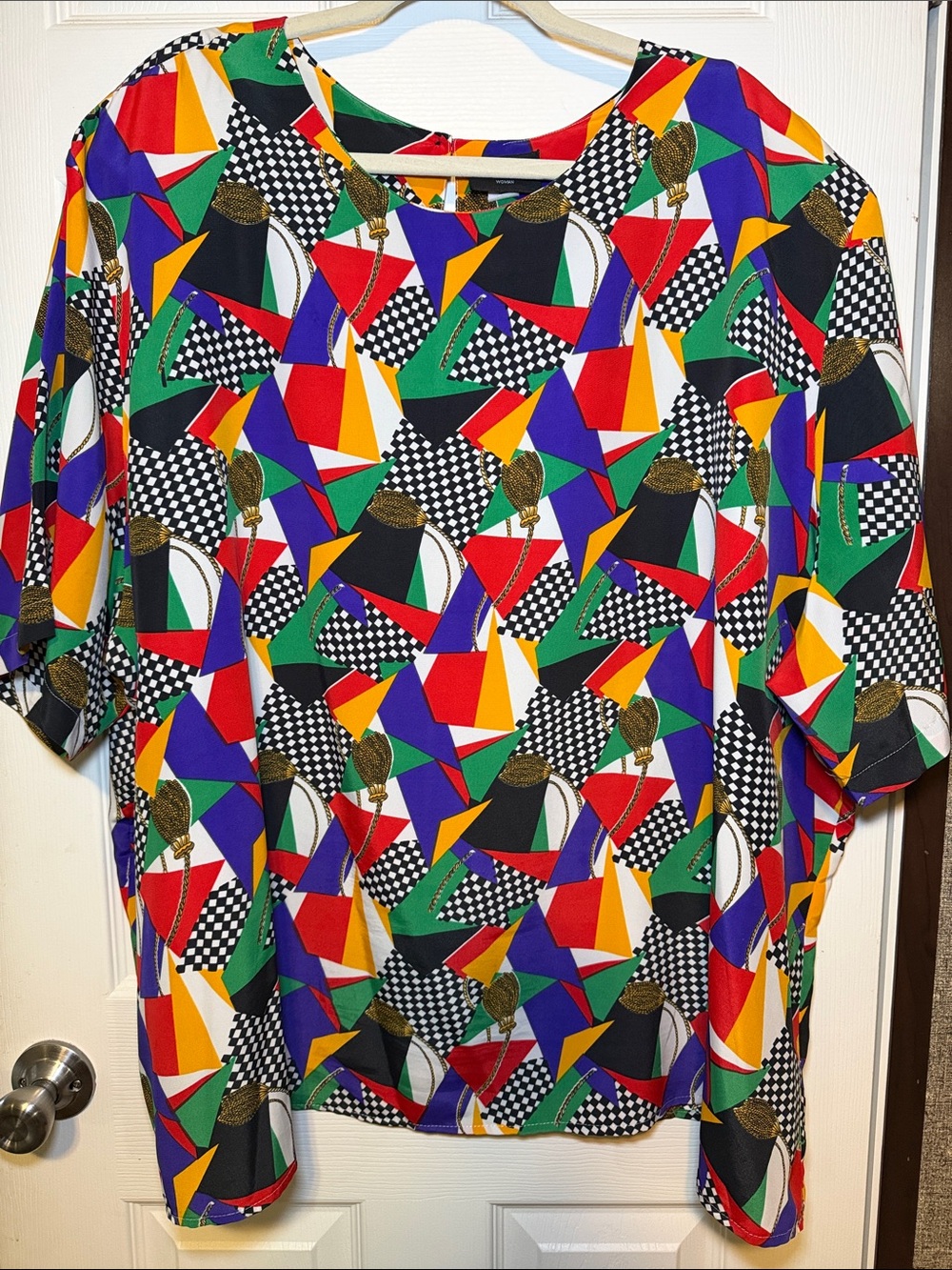 Notations Multicolor Geometric Print Top in Red, Green, Blue and Yellow